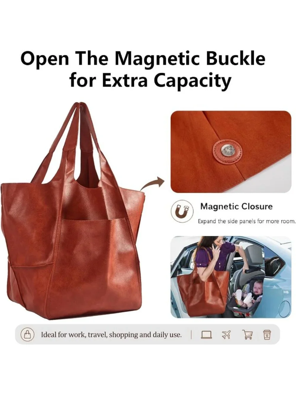 Oversized Leather Tote Bag - Huge Capacity Work Hobo, Soft Travel Shopping